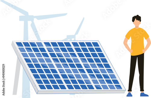 A boy stands by a solar.