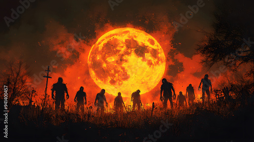 Happy Halloween illustration with 3D cartoon pumpkins and spooky zombies on a full moon background, ideal for festive designs.