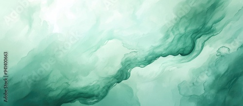 Watercolor illustration featuring an emerald green flowing sky with a smooth light surface A soft turquoise wavy fluid cloud gradient creates a bright dark mint liquid curve wallpaper The design s photo