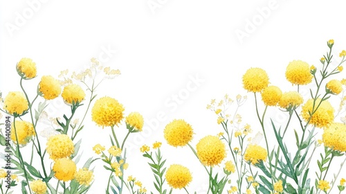 Fototapeta Naklejka Na Ścianę i Meble -  Watercolor hand drawn illustration of mimosa plant wildflowers and medicinal tansy featuring yellow tansy and field flowers on a white background