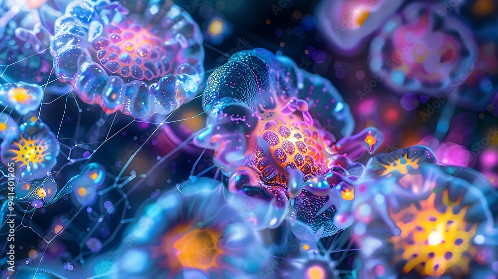 Microscopic View of Cells Regenerating with Glowing Edges and Vibrant Energy Microscopic View of Cells Regenerating with Glowing Edges and Vibrant Energy
