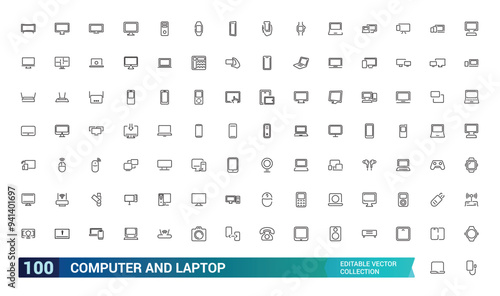 Computer and laptop icon set. Collection and pack of linear web and ui icons. Editable stroke. Vector illustration.