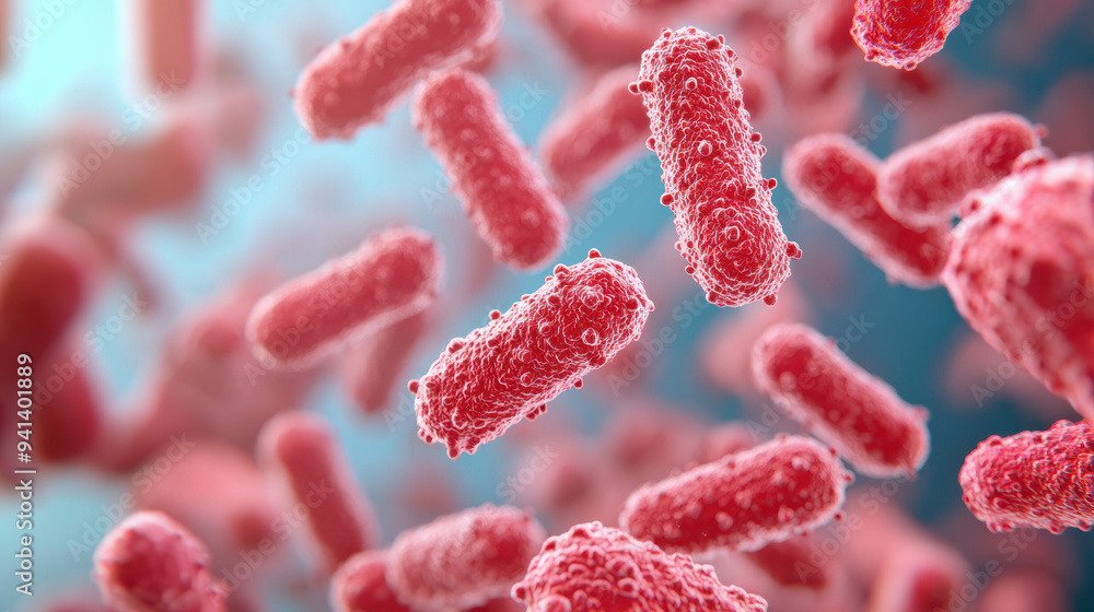 Close-up of red bacteria cells with intricate surface detail floating in a blue background, depicting microbiology and medical science. Close-up of red bacteria cells with intricate surface detail floating in a blue background, depicting microbiology and medical science.