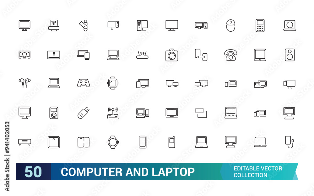 Computer and laptop icon set. Collection and pack of linear web and ui icons. Editable stroke. Vector illustration. Computer and laptop icon set. Collection and pack of linear web and ui icons. Editable stroke. Vector illustration.