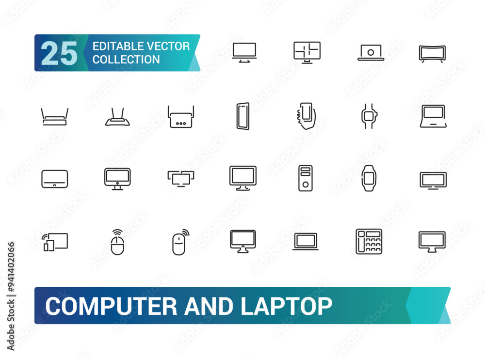 Computer and laptop icon set. Collection and pack of linear web and ui icons. Editable stroke. Vector illustration. Computer and laptop icon set. Collection and pack of linear web and ui icons. Editable stroke. Vector illustration.