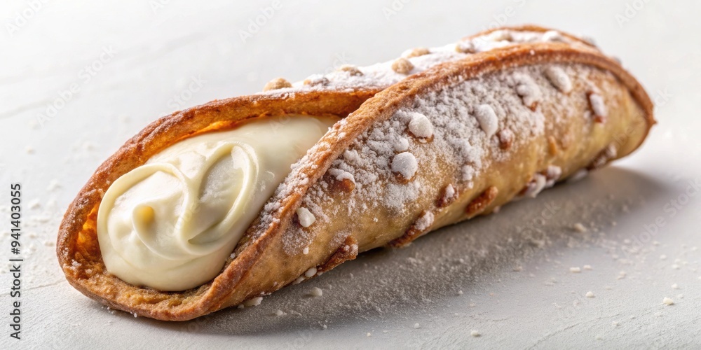 Overhead view of a single cannoli pastry with ricotta filling, cannoli, pastry, dessert, Italian, sweet, ricotta, cream, tube Overhead view of a single cannoli pastry with ricotta filling, cannoli, pastry, dessert, Italian, sweet, ricotta, cream, tube