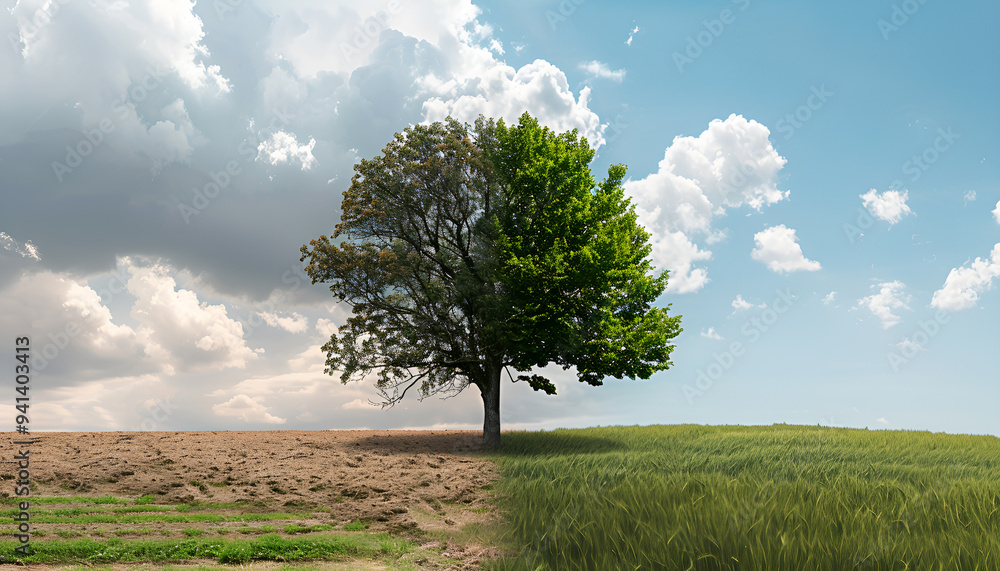 Obraz premium Concept of climate changing. Half dead and alive tree outdoors
