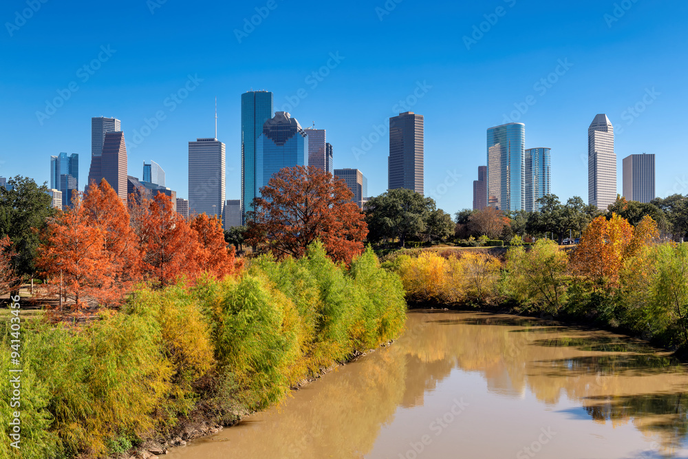 Beautiful Houston skyline at sunny autumn day in Buffalo Bayou Park, Houston, Texas, USA