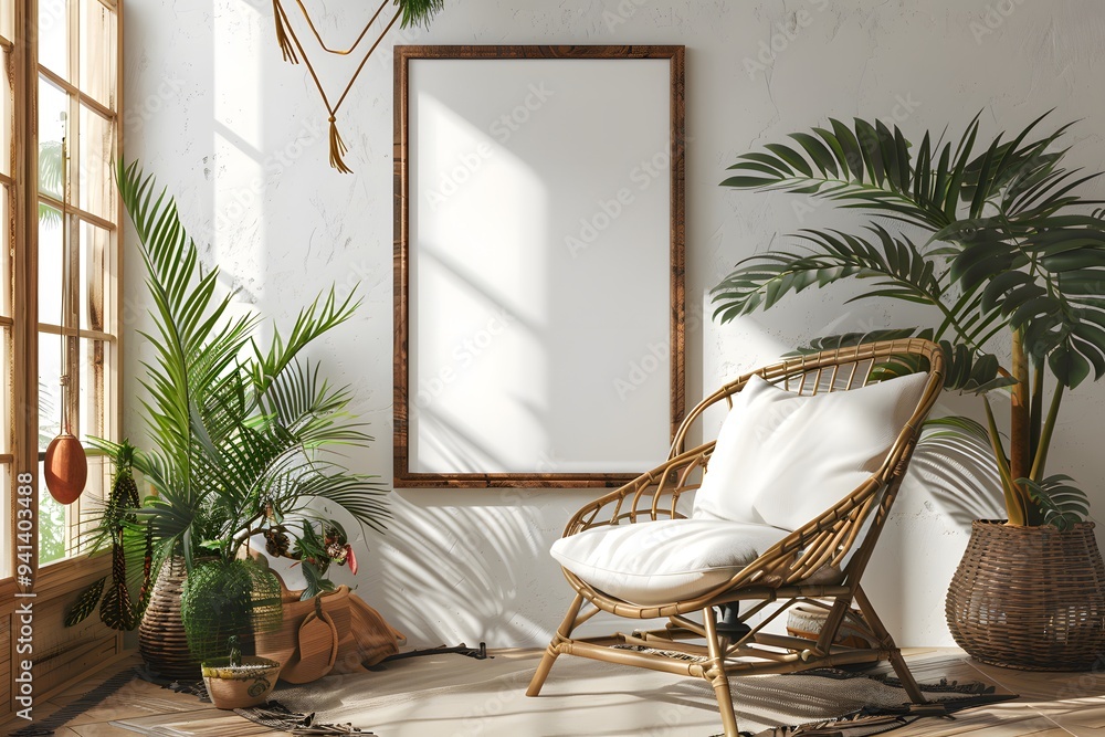 Cozy Indoor Space with Rattan Chair and Blank Canvas for Creativity Cozy Indoor Space with Rattan Chair and Blank Canvas for Creativity