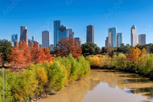 Beautiful Houston skyline at sunny autumn day in Buffalo Bayou Park, Houston, Texas, USA photo