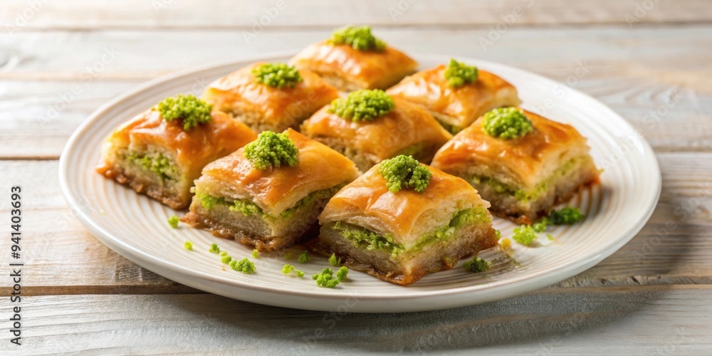 Traditional Turkish dessert cold baklava served on a plate, Turkish, dessert, baklava, traditional, sweet, pastry, pistachio Traditional Turkish dessert cold baklava served on a plate, Turkish, dessert, baklava, traditional, sweet, pastry, pistachio