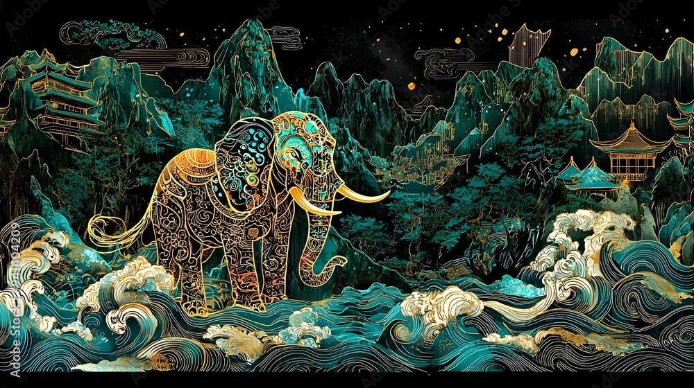 Obraz premium Enchanting Cosmic Elephant Soaring Through Ethereal Dreamscape Mountains