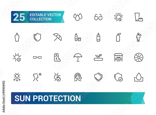 Sun protection icon set. Containing sunglasses, sunscreen, sunblock, beach umbrella and more solid icons. Collection and pack of linear web and ui icons. Editable stroke. Vector illustration.