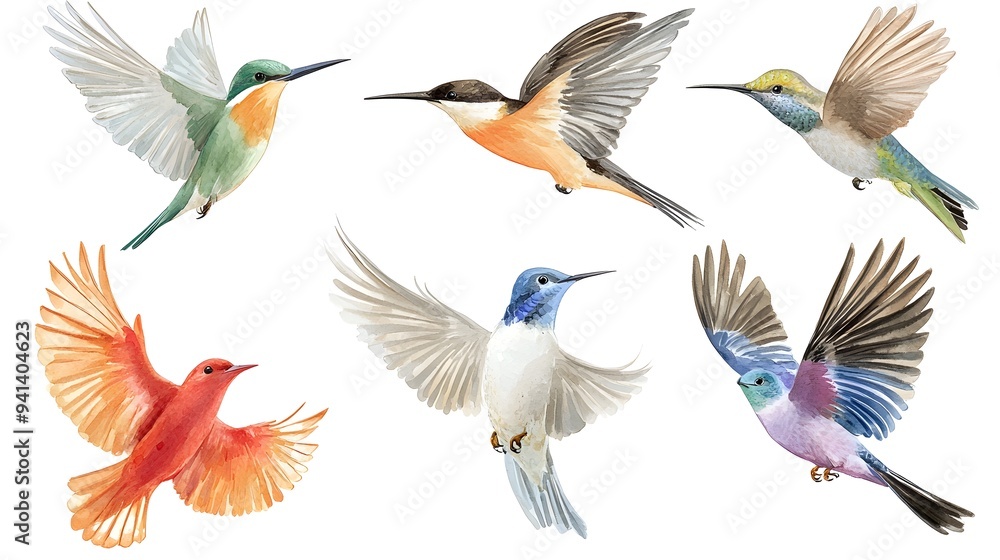 Obraz premium Vibrant Hummingbirds in Flight Amid Colorful Nature Scenes