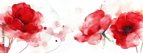 Watercolor Floral Composition Vibrant Red White Hues Colorful Stripes Alcohol Ink Accents Crimson Roses Aquarelle Pigments Delicate Floral Blotches Watercolor Rose Illustrations