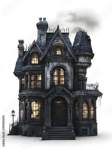 3D Model of a Decrepit and Abandoned Haunted Mansion with Shattered Glass Windows Casting a Ghostly Glow