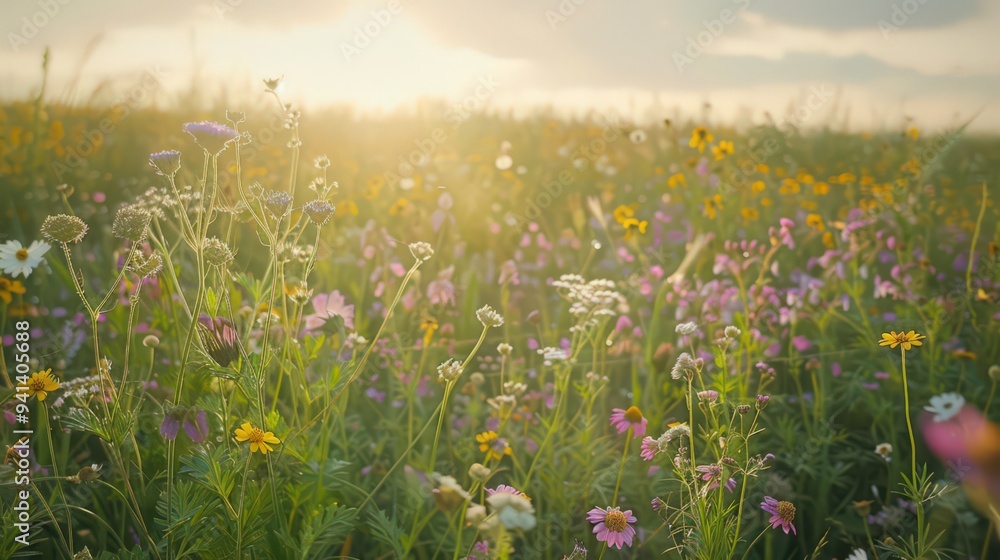 A field of wildflowers in varying shades of purple and yellow stretches out towards the horizon, A field of wildflowers in varying shades of purple and yellow stretches out towards the horizon,