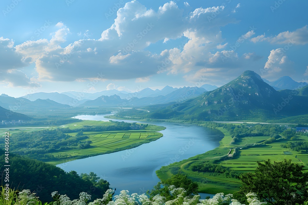 Serene Landscape of Mountains and River Under a Blue Sky Serene Landscape of Mountains and River Under a Blue Sky