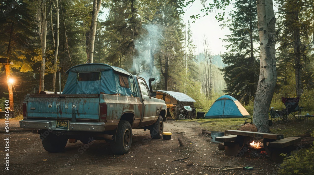 Depict a pickup truck at a campsite, serving as both transport and a base for outdoor activities. Depict a pickup truck at a campsite, serving as both transport and a base for outdoor activities.