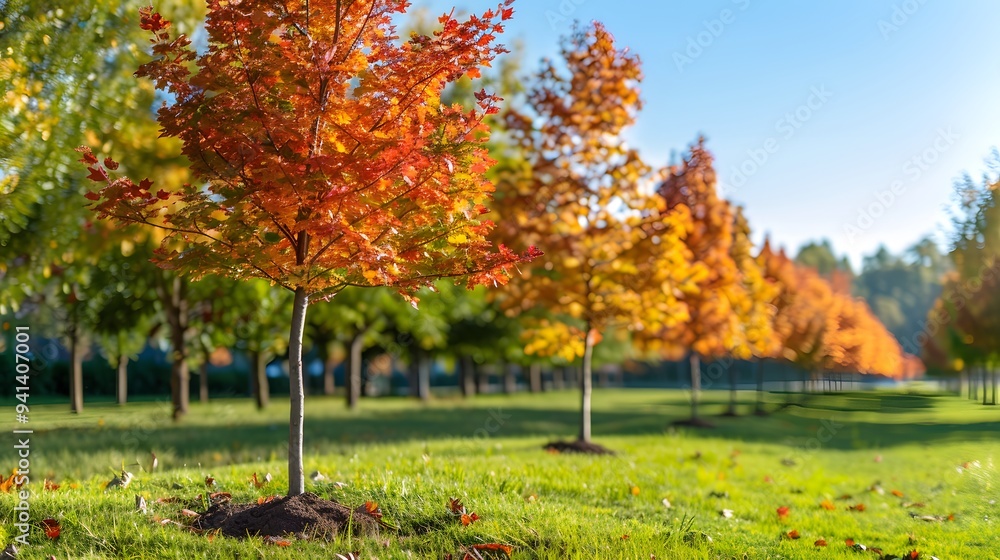 Naklejka premium Vibrant Autumn Landscape with Colorful Trees in a Sunlit Park