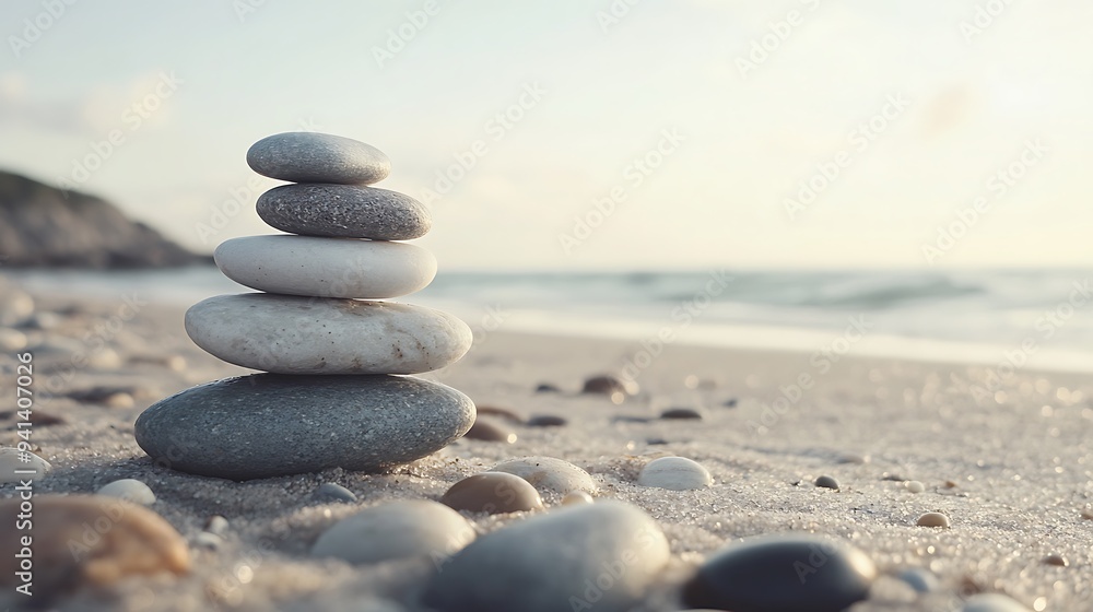 Stacked stones on a sandy beach with the ocean in the background. Stacked stones on a sandy beach with the ocean in the background.