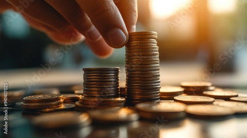 Hand Placing a Coin on a Stack of Coins photo