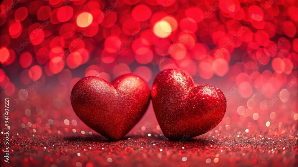Two red decorative hearts on red background with bokeh , Valentine's day, romantic, love, celebration Two red decorative hearts on red background with bokeh , Valentine's day, romantic, love, celebration