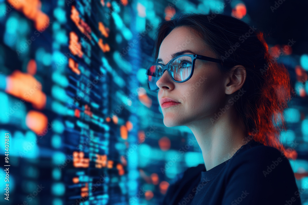 Focused young woman in glasses analyzing data on multiple computer screens, representing technology and data science. Focused young woman in glasses analyzing data on multiple computer screens, representing technology and data science.