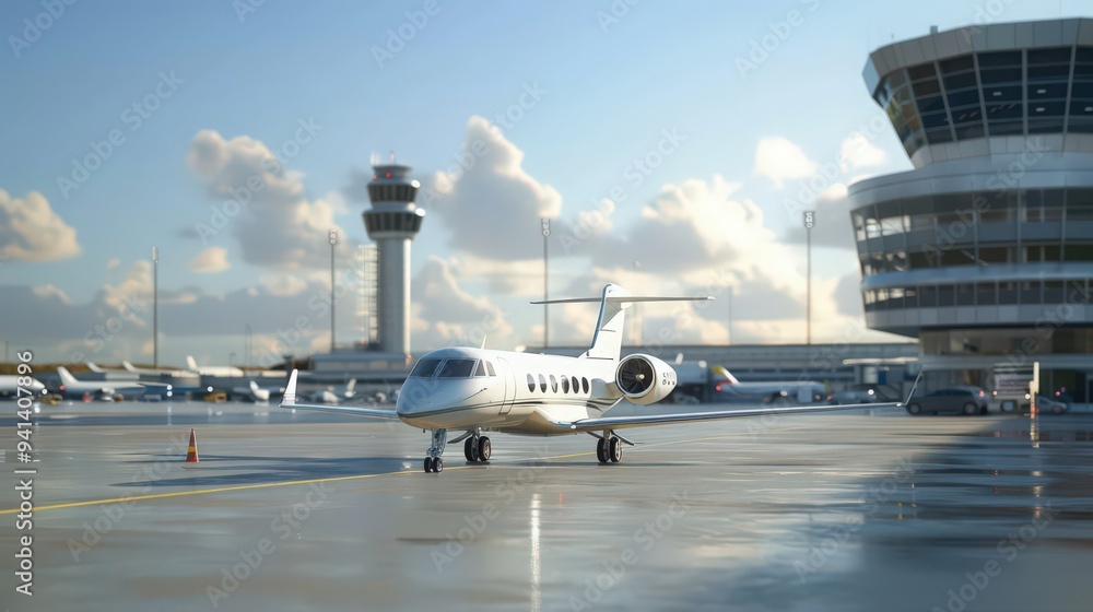 Depict a private jet taxiing on the tarmac, with a luxury airport terminal and a busy air traffic control tower in the background Depict a private jet taxiing on the tarmac, with a luxury airport terminal and a busy air traffic control tower in the background