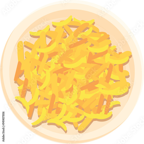 Grated cheese is lying on plate, dairy product for cooking