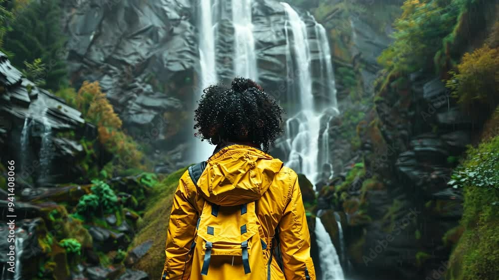 Back view of a traveler standing in awe at the foot of a breathtaking waterfall surrounded by lush greenery and cascading water in a tranquil forest setting Back view of a traveler standing in awe at the foot of a breathtaking waterfall surrounded by lush greenery and cascading water in a tranquil forest setting