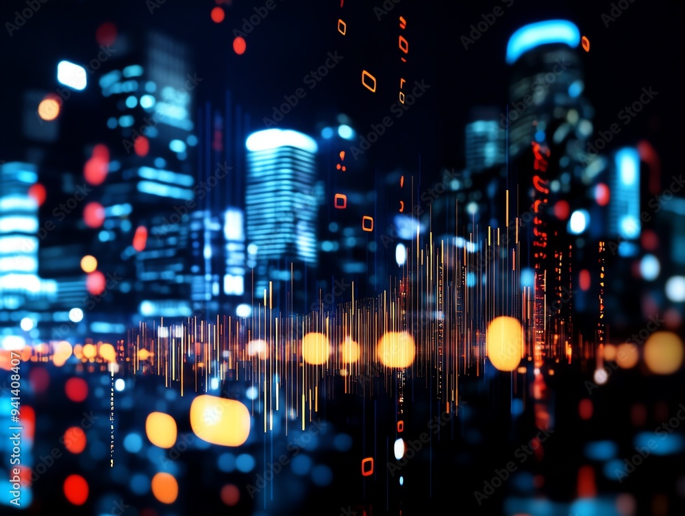 Abstract view of a city skyline influenced by economic policy changes, represented by digital overlays of economic data Abstract view of a city skyline influenced by economic policy changes, represented by digital overlays of economic data