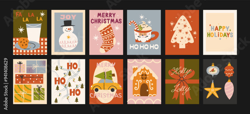 Christmas new year posters in cartoon style. Holiday gifts, santa, christmas tree, coziness. Holiday seasonal vector postcards in retro groovy style. picture for wall and for printing