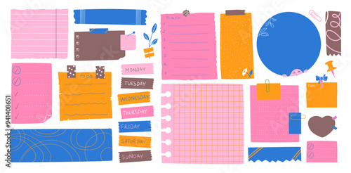 Set of cartoon papers notes, office forms. Sticky stickers reminders, notebook clippings, to-do list, to-do list, school stationery, planner, reminders on paper. Vector set of patches in retro doodle 