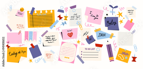 Set of cartoon papers notes, office forms. Sticky stickers reminders, notebook clippings, to-do list, to-do list, school stationery, planner, reminders on paper. Vector set of patches in retro doodle 