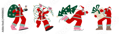 Santa Claus characters. Cartoon mascots with beards of winter fairy tale heroes, with gifts, New Year tree and New Year holiday atmosphere. Santa Claus Christmas costume