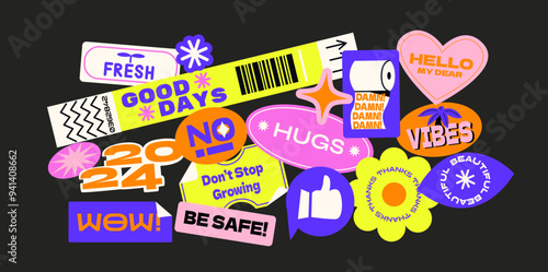 Futuristic y2k patches, labels, tags, stickers, bracelet stamps in retro style. Cartoon stickers in funky hipster groovy grunge 90s style. Vector set, trendy promo labels