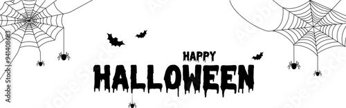 Happy Halloween inscription with web and spiders around and bats. Inscription for greeting cards, posters, banners, flyers and invitations. Text Happy Halloween, festive background photo