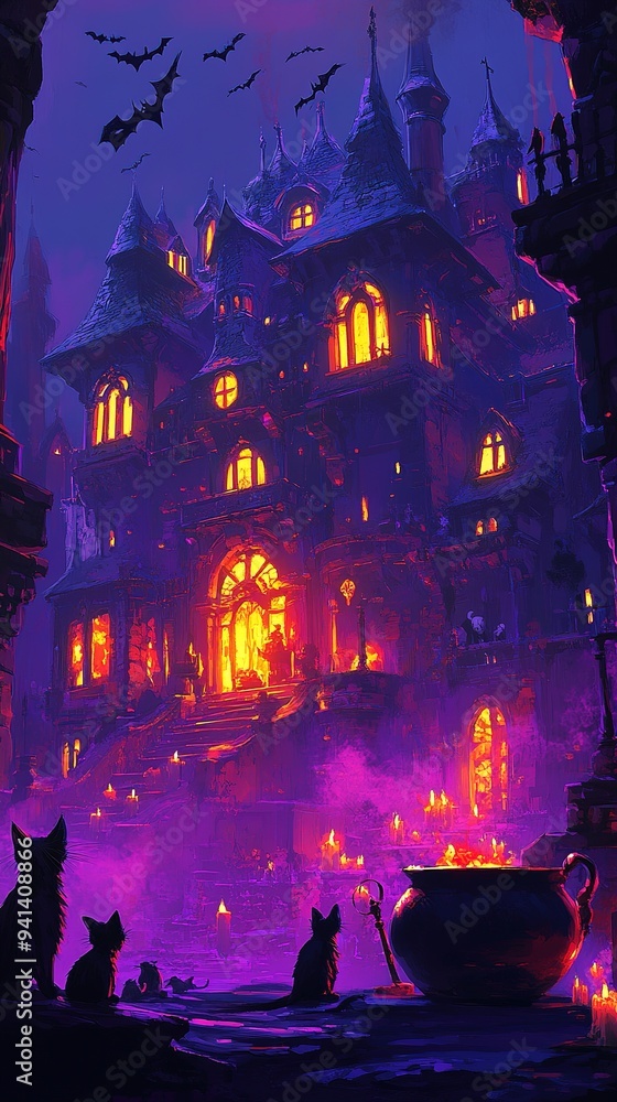 Halloween night background. The witch is brewing a potion in a cauldron on the background of a full moon over the castle Halloween night background. The witch is brewing a potion in a cauldron on the background of a full moon over the castle