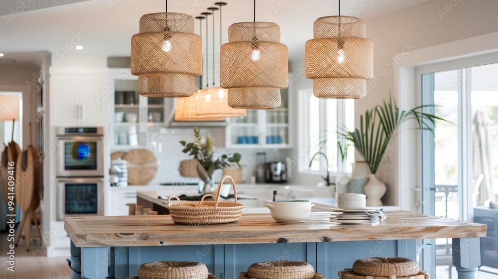 Modern kitchen with woven pendant lights and natural decor. Modern kitchen with woven pendant lights and natural decor.
