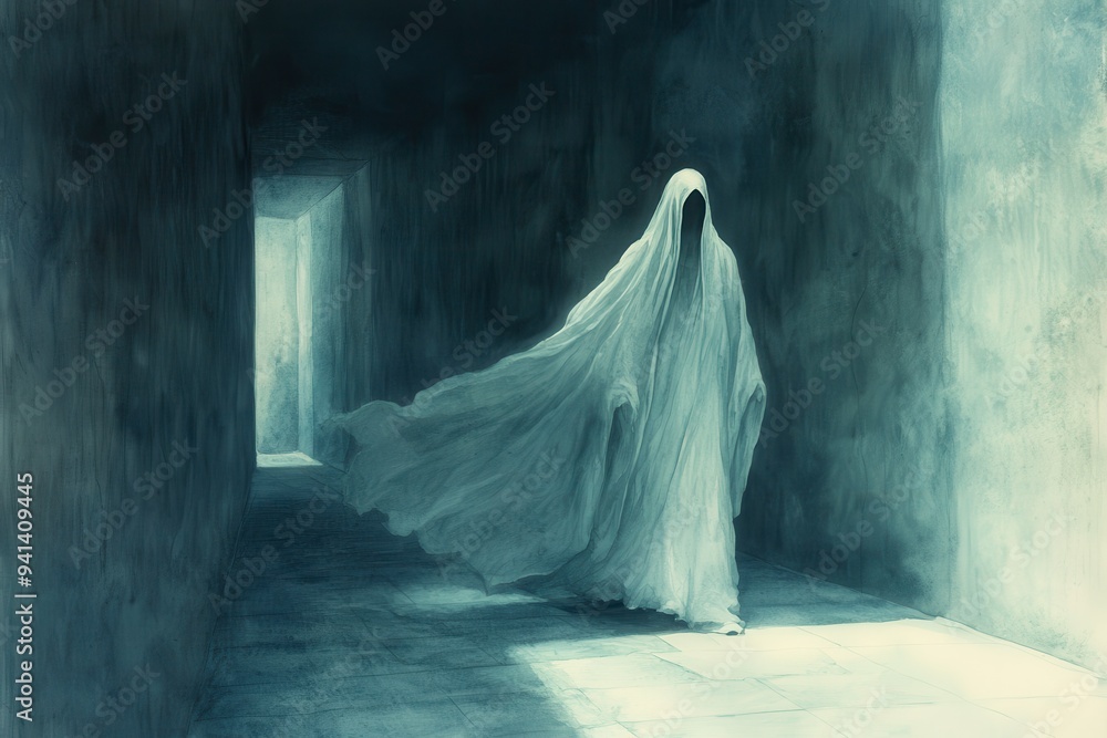 A haunting figure draped in white, drifting through a dim corridor, creating an eerie atmosphere of mystery and suspense. A haunting figure draped in white, drifting through a dim corridor, creating an eerie atmosphere of mystery and suspense.