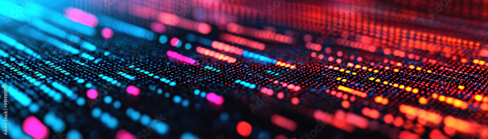 Abstract close-up of glowing digital data strings in blue and red hues, representing technology, network, and information transmission. Abstract close-up of glowing digital data strings in blue and red hues, representing technology, network, and information transmission.