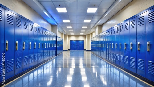 Empty school hallway with royal blue metal lockers , education, hallway, lockers, school, blue, metal, empty