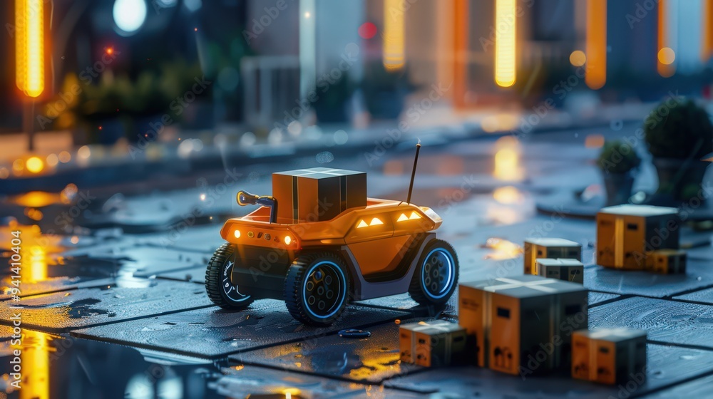 Depict a self-driving car delivering packages autonomously, enhancing logistics and delivery efficiency Depict a self-driving car delivering packages autonomously, enhancing logistics and delivery efficiency