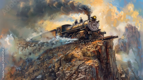 Depict a steam locomotive climbing a steep gradient, with steam and smoke billowing into the sky.