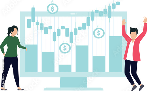 Boy and girl working on an analytical graph of dollars.