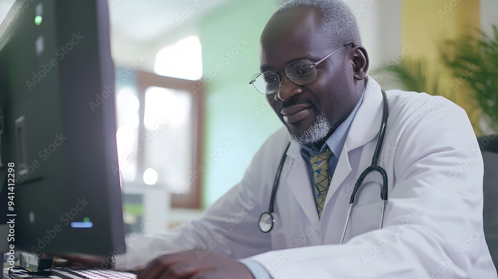 African American Doctor Examining Patient on Computer in Clinic African American Doctor Examining Patient on Computer in Clinic