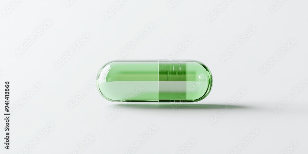 A 3D simple style icon of a transparent green capsule with liquid inside and a soft shadow below symbolizing a health product A 3D simple style icon of a transparent green capsule with liquid inside and a soft shadow below symbolizing a health product