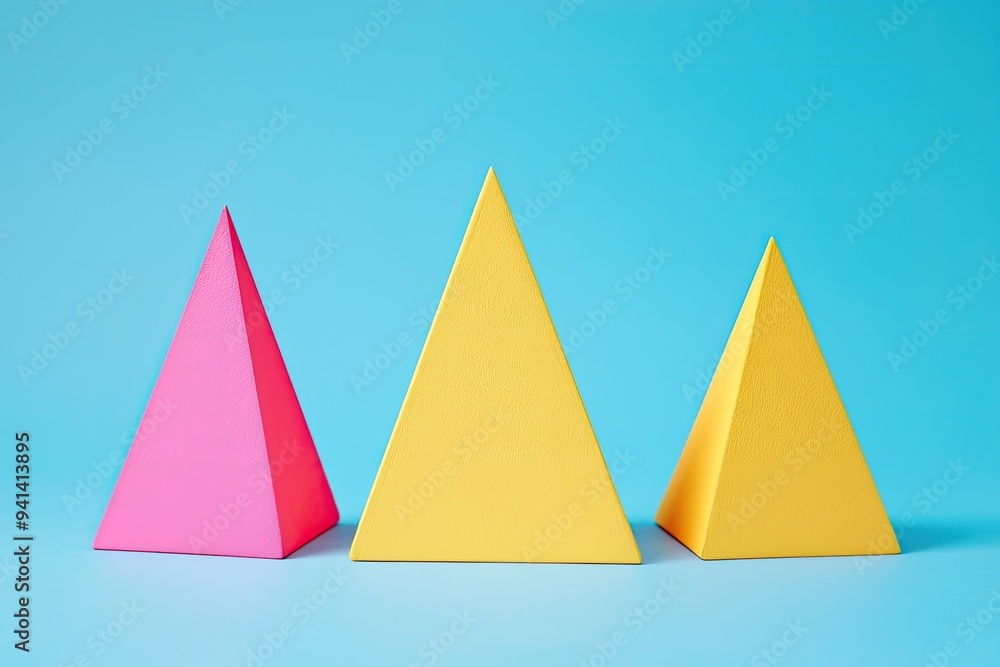 Vibrant pyramids in pink and yellow stand against a blue background, creating a playful and modern geometric composition. Vibrant pyramids in pink and yellow stand against a blue background, creating a playful and modern geometric composition.
