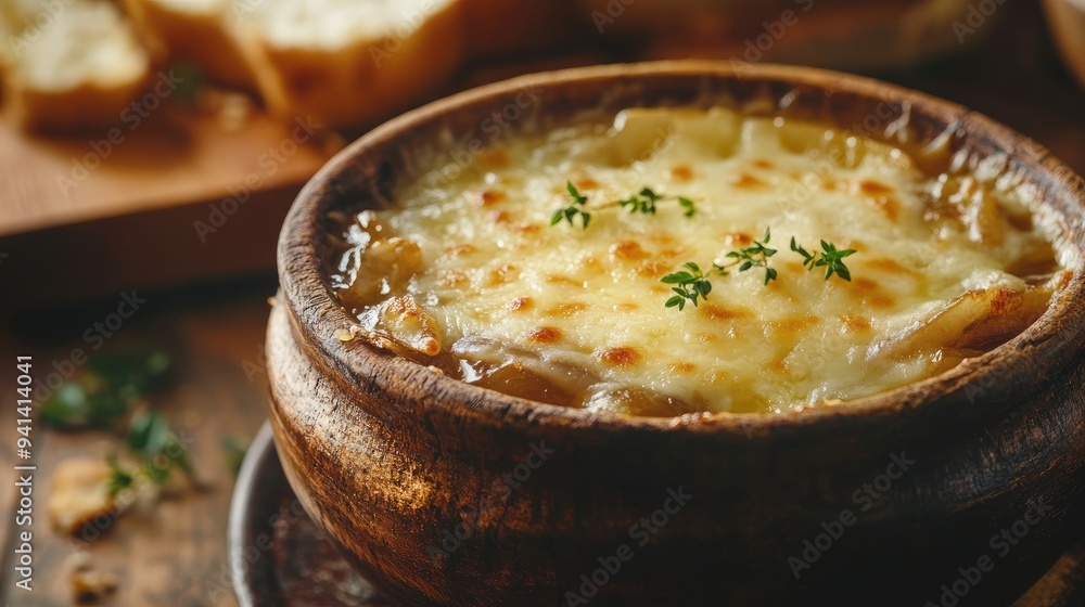 French onion soup in a rustic bowl with melted cheese on top, leaving room for text in the background. Perfect for cozy and comforting food themes. French onion soup in a rustic bowl with melted cheese on top, leaving room for text in the background. Perfect for cozy and comforting food themes.